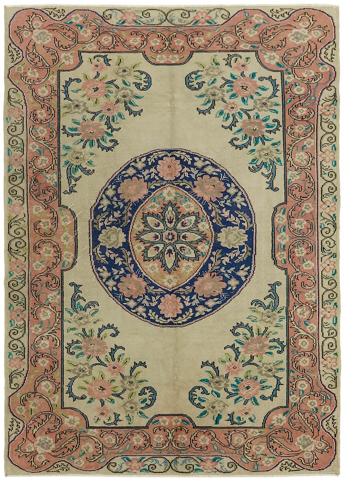 Rusvo Bej Pembe Çiçek Desenli Yün ve Pamuk Vintage Halı 238x330 cm