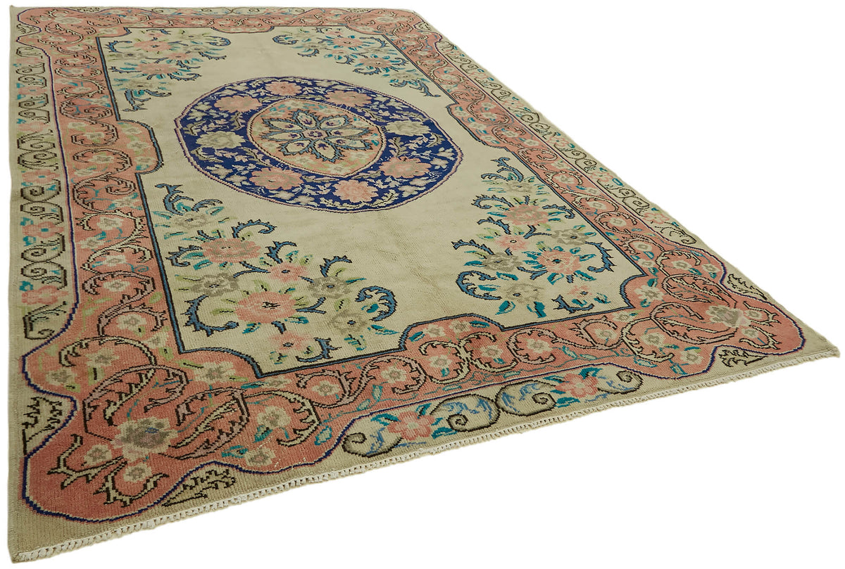 Rusvo Bej Pembe Çiçek Desenli Yün ve Pamuk Vintage Halı 238x330 cm – genel görünüm