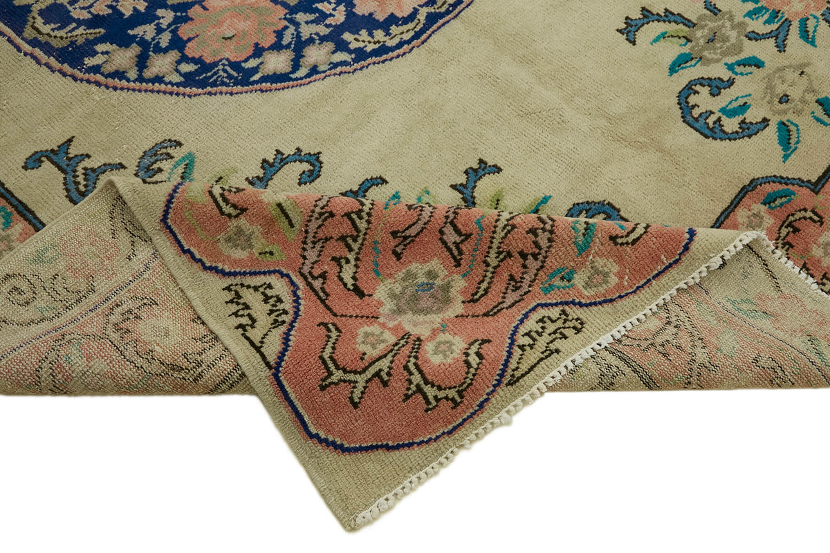 Rusvo Bej Pembe Çiçek Desenli Yün ve Pamuk Vintage Halı 238x330 cm – kenar detayı