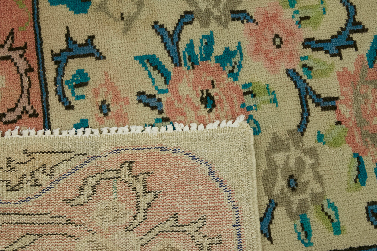 Rusvo Bej Pembe Çiçek Desenli Yün ve Pamuk Vintage Halı 238x330 cm – arka yüz görünümü