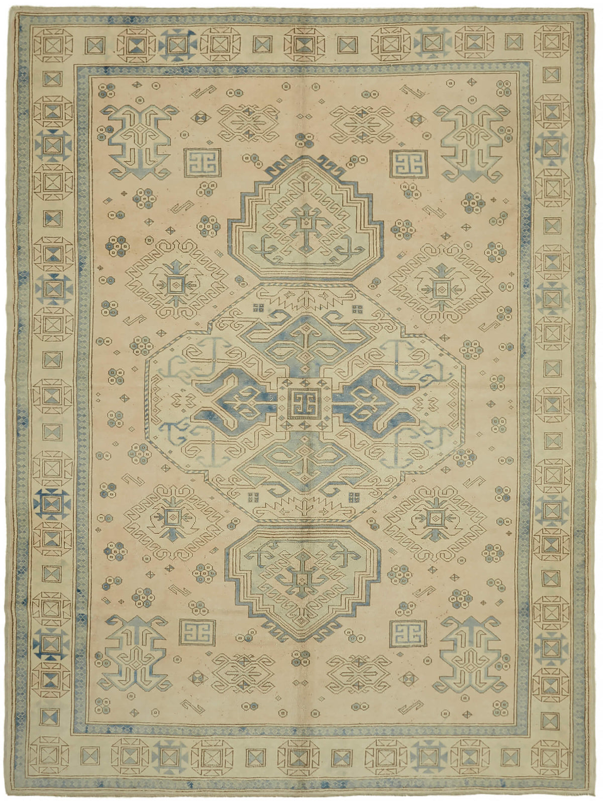 Rusvo Bej Mavi Halı Madalyon Desenli Vintage El Dokuma 263x348 cm