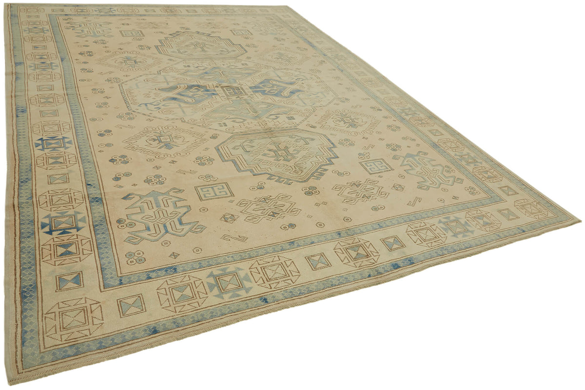 Rusvo Bej Mavi Halı Madalyon Desenli Vintage El Dokuma 263x348 cm – genel görünüm