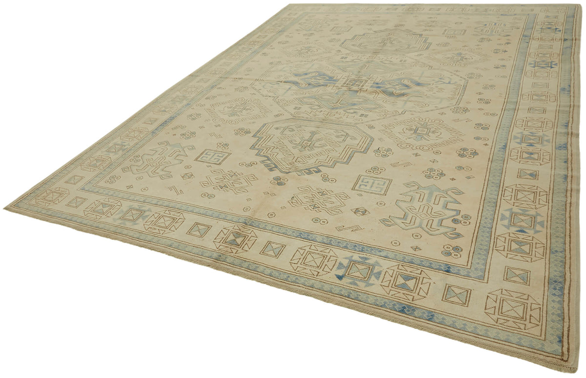 Rusvo Bej Mavi Halı Madalyon Desenli Vintage El Dokuma 263x348 cm – doku yakın çekim