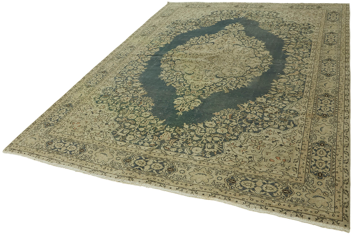 Rusvo Bej Halı Lacivert Madalyon Desenli Vintage 202x280 cm – doku yakın çekim