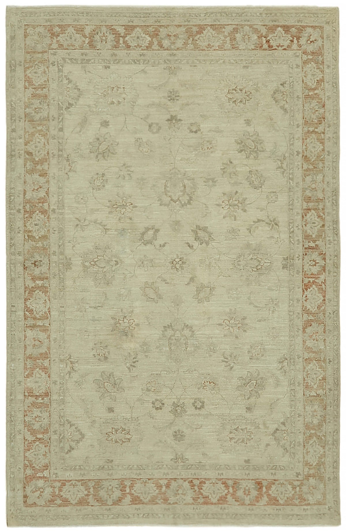 Rusvo Bej ve Kırmızı Çiçek Desenli Yün Vintage Halı 196x295 cm