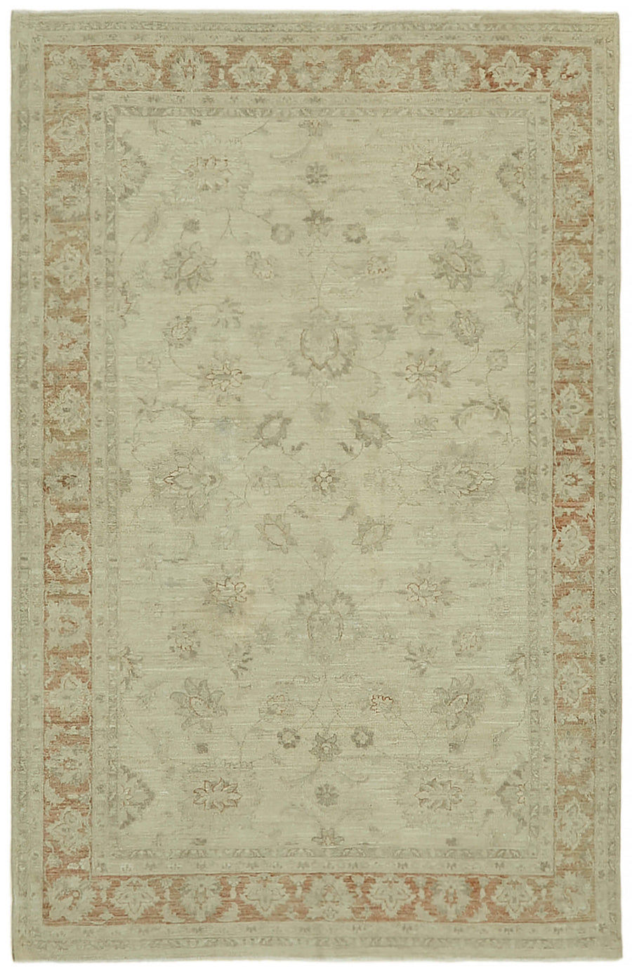 Rusvo Bej ve Kırmızı Çiçek Desenli Yün Vintage Halı 196x295 cm