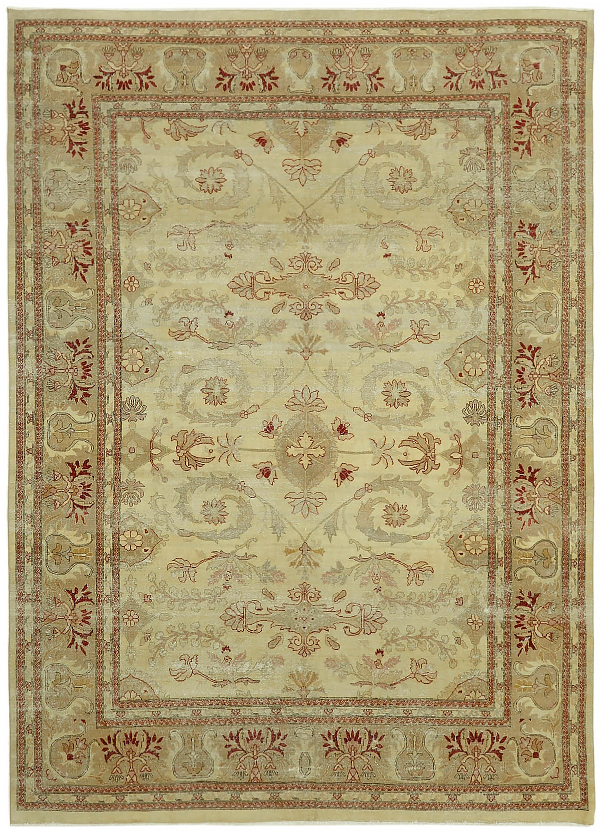 Rusvo Çiçek Floral Desenli Bej Kırmızı Pamuk Yün El Dokuma Halı 263x361 cm