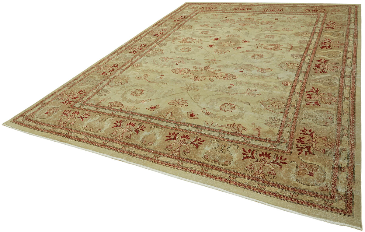 Rusvo Çiçek Floral Desenli Bej Kırmızı Pamuk Yün El Dokuma Halı 263x361 cm – doku yakın çekim