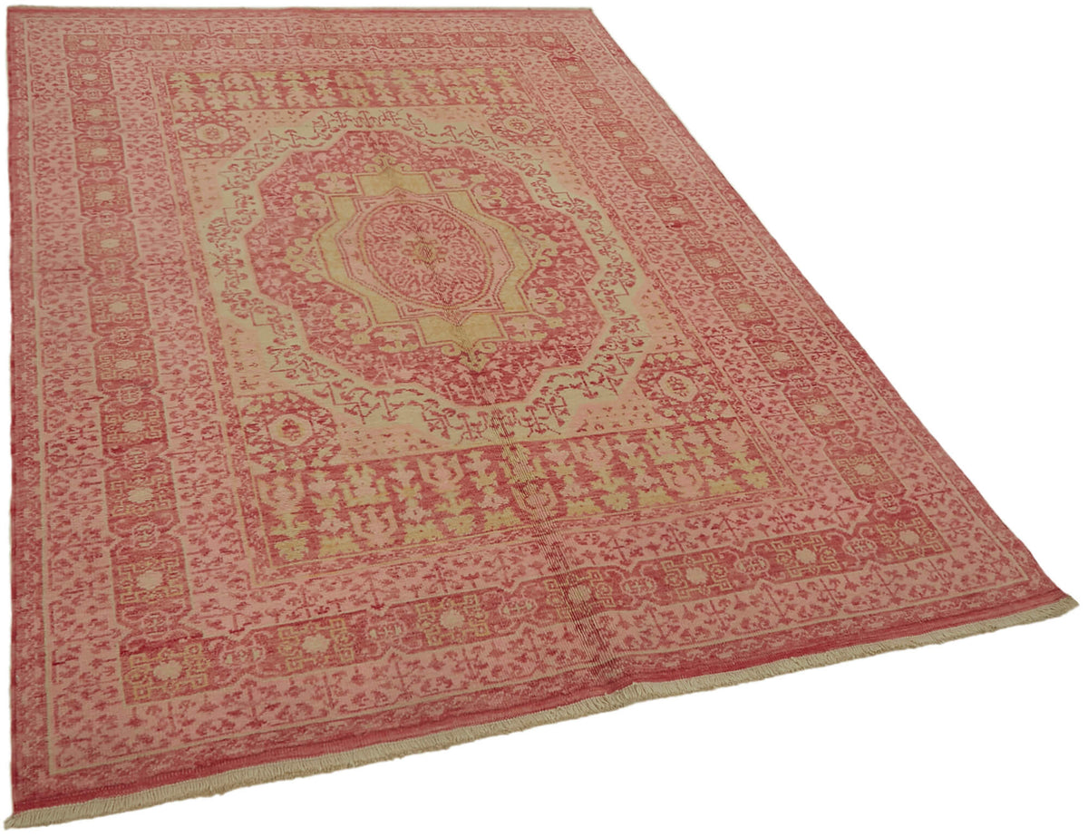 Kavima Pembe ve Bej Madalyonlu Düz Dokuma Yün Uşak Halısı 165x212 cm – genel görünüm