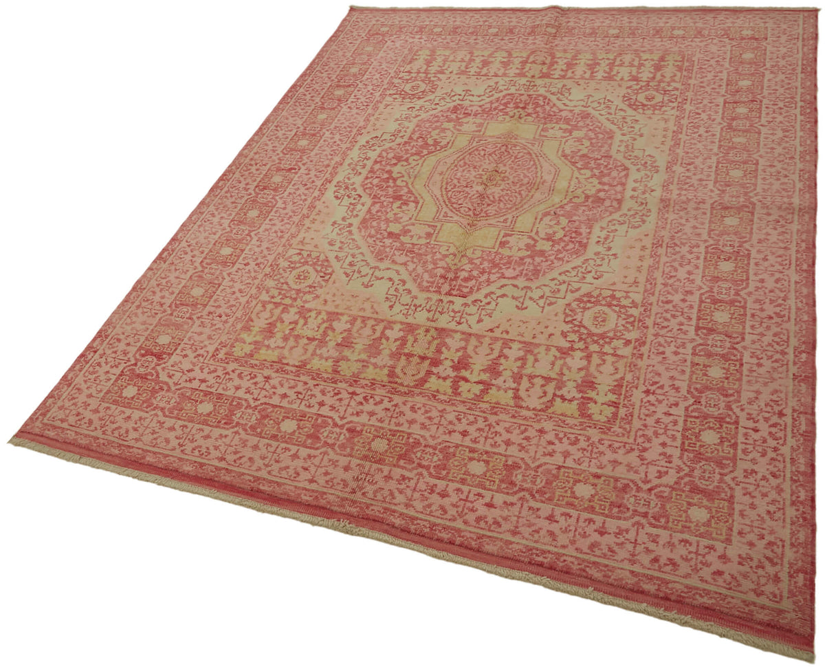 Kavima Pembe ve Bej Madalyonlu Düz Dokuma Yün Uşak Halısı 165x212 cm – doku yakın çekim