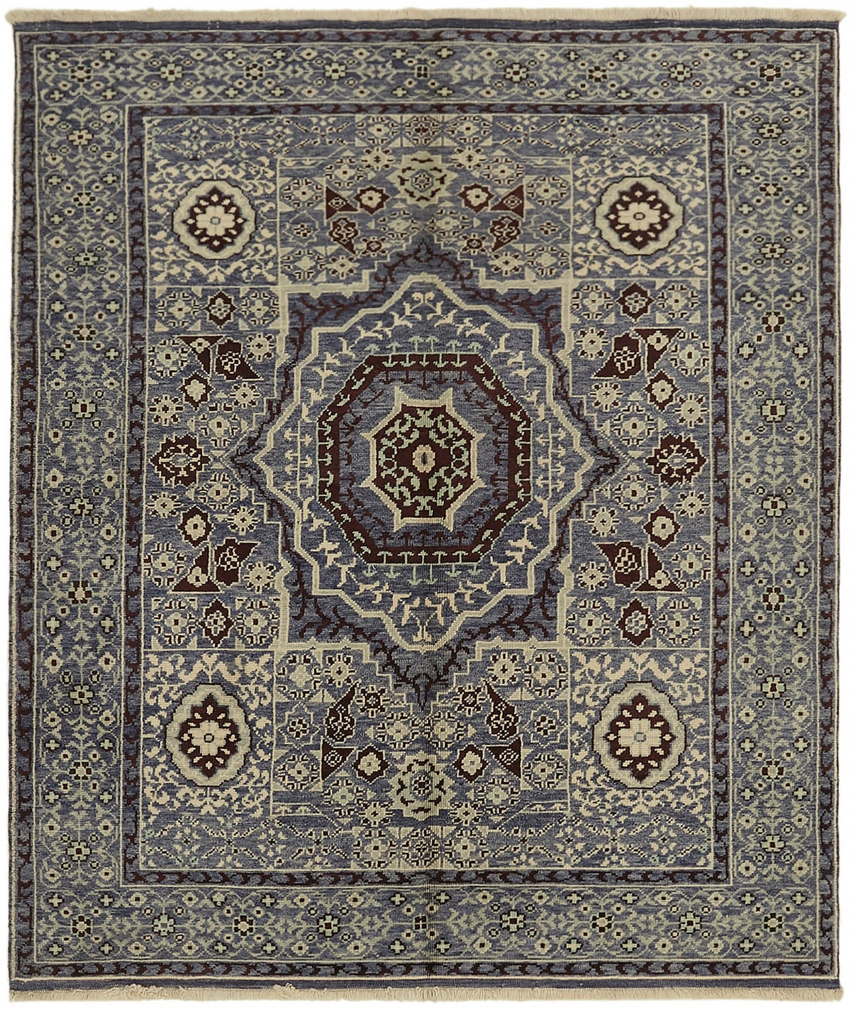 Kavima Mavi Bordo Madalyon Desenli Yün Uşak Halısı 192x168 cm 44452