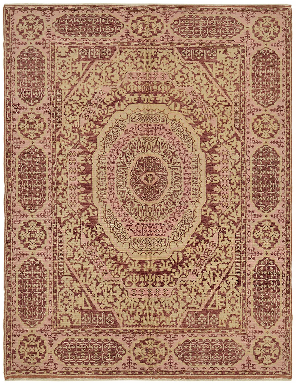 Kavima Pembe Bej Madalyon Göbek Desenli Yün El Dokuma Halı 164x216 cm