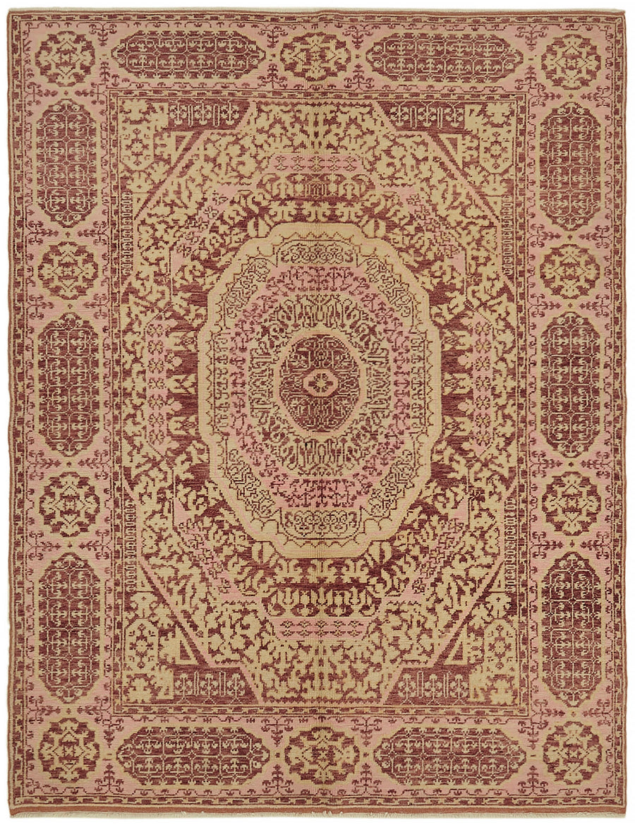 Kavima Pembe Bej Madalyon Göbek Desenli Yün El Dokuma Halı 164x216 cm