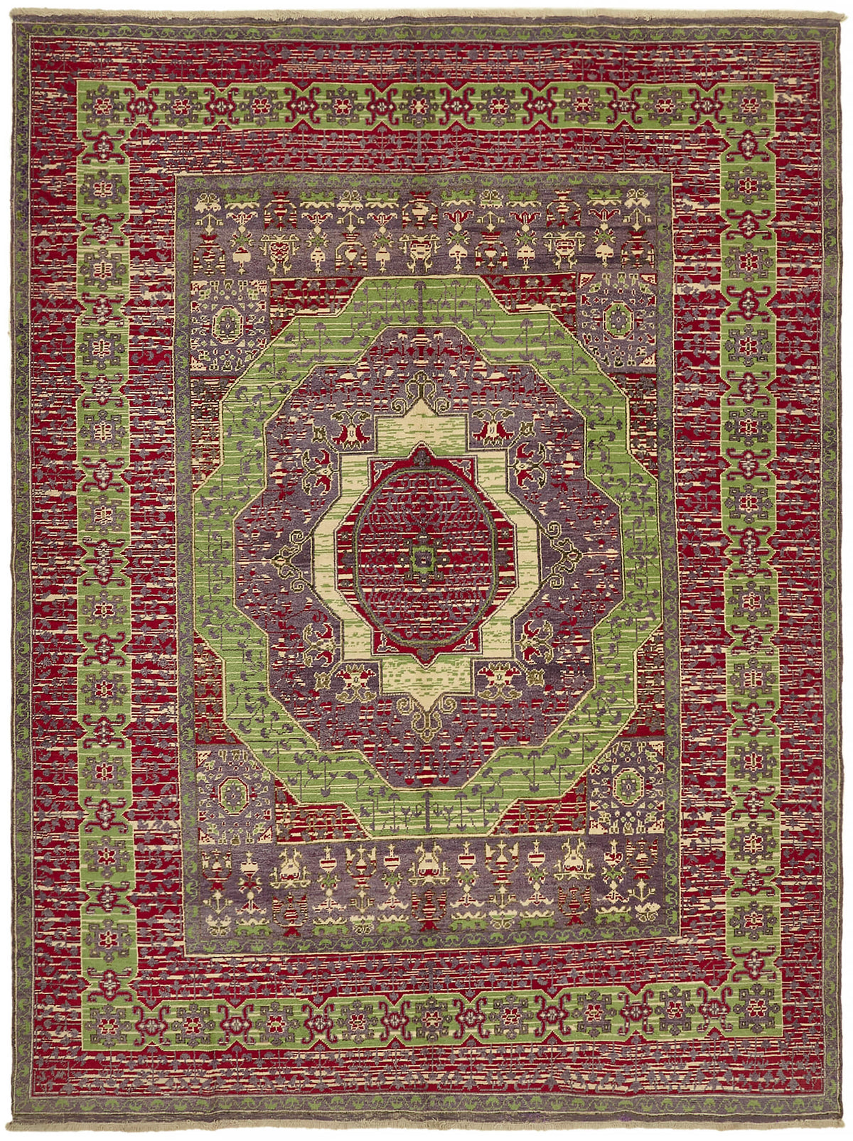 Kavima Vintage Uşak Kırmızı Yeşil Madalyon Desenli El Dokuma Halı 262x340 cm