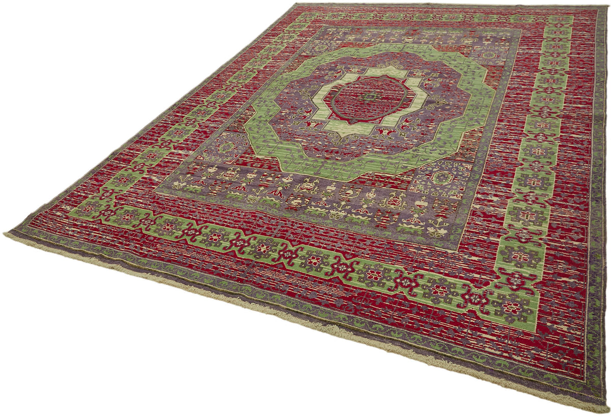 Kavima Vintage Uşak Kırmızı Yeşil Madalyon Desenli El Dokuma Halı 262x340 cm – doku yakın çekim