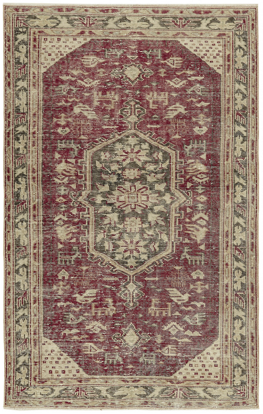 Tinra Vintage Bordo ve Gri Madalyon Desenli El Dokuma Halı 162x260 cm