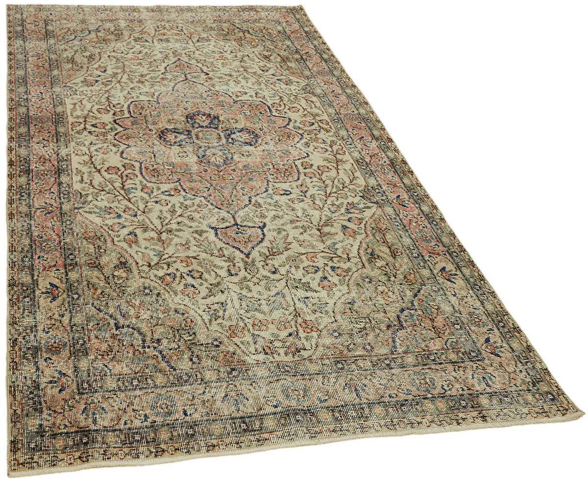 Tinra Bej Pembe Madalyon Desenli Yün El Dokuma Halı 141x256 cm – genel görünüm