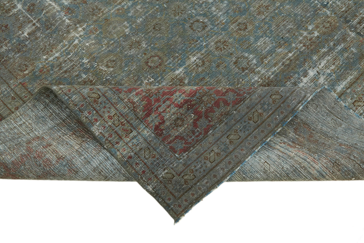 Zelko Gri Mavi Eskitme Desenli Yün Pamuk El Dokuma Halı 294x384 cm – kenar detayı