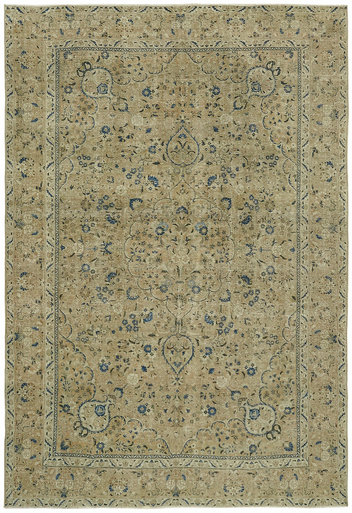 Rusvo Çiçek Desenli Bej Lacivert Vintage El Dokuma Halı 255x368 cm