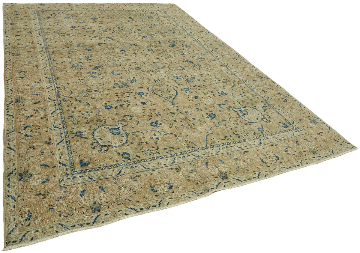 Rusvo Çiçek Desenli Bej Lacivert Vintage El Dokuma Halı 255x368 cm – genel görünüm