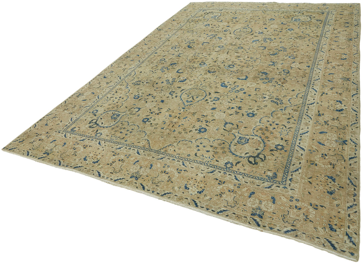 Rusvo Çiçek Desenli Bej Lacivert Vintage El Dokuma Halı 255x368 cm – doku yakın çekim