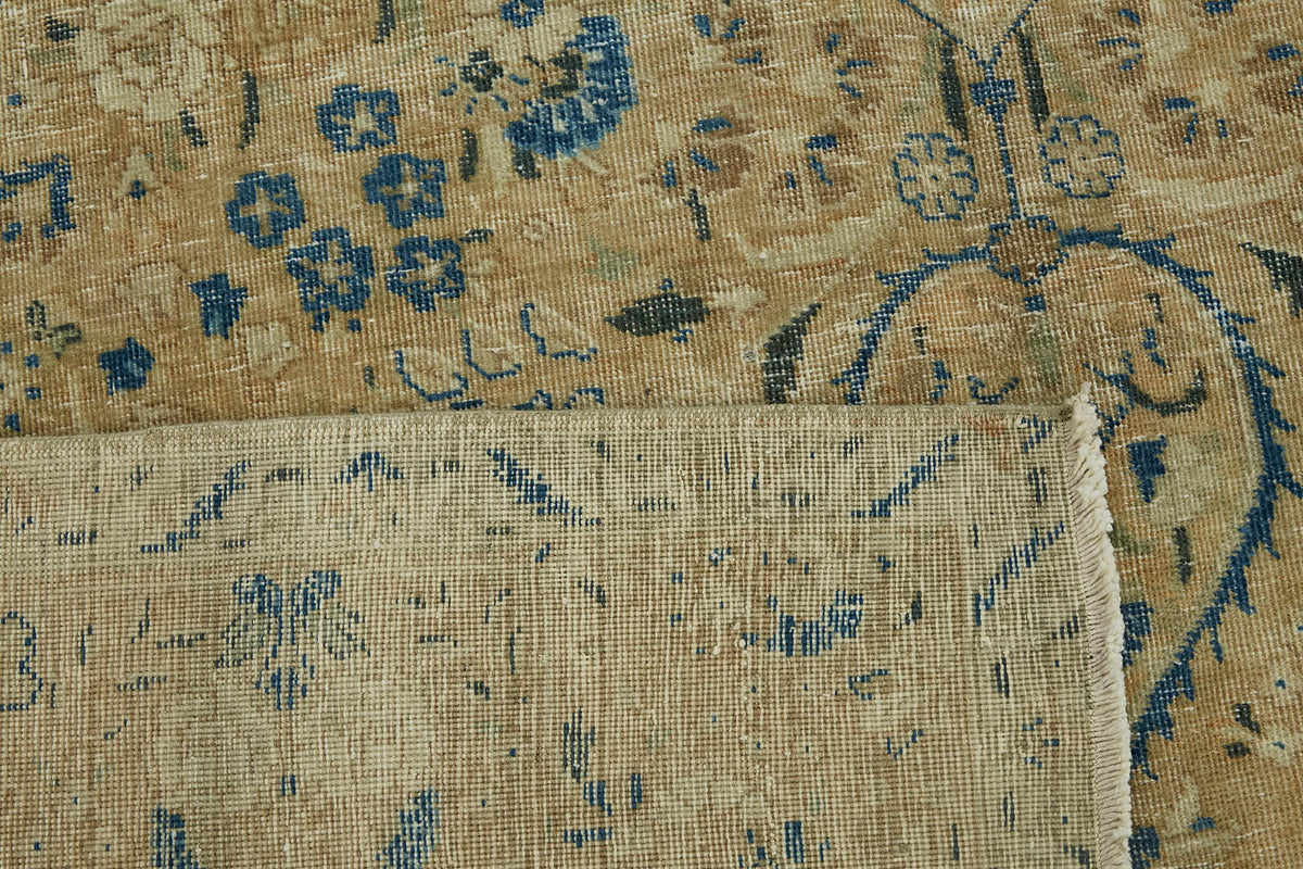 Rusvo Çiçek Desenli Bej Lacivert Vintage El Dokuma Halı 255x368 cm – arka yüz görünümü