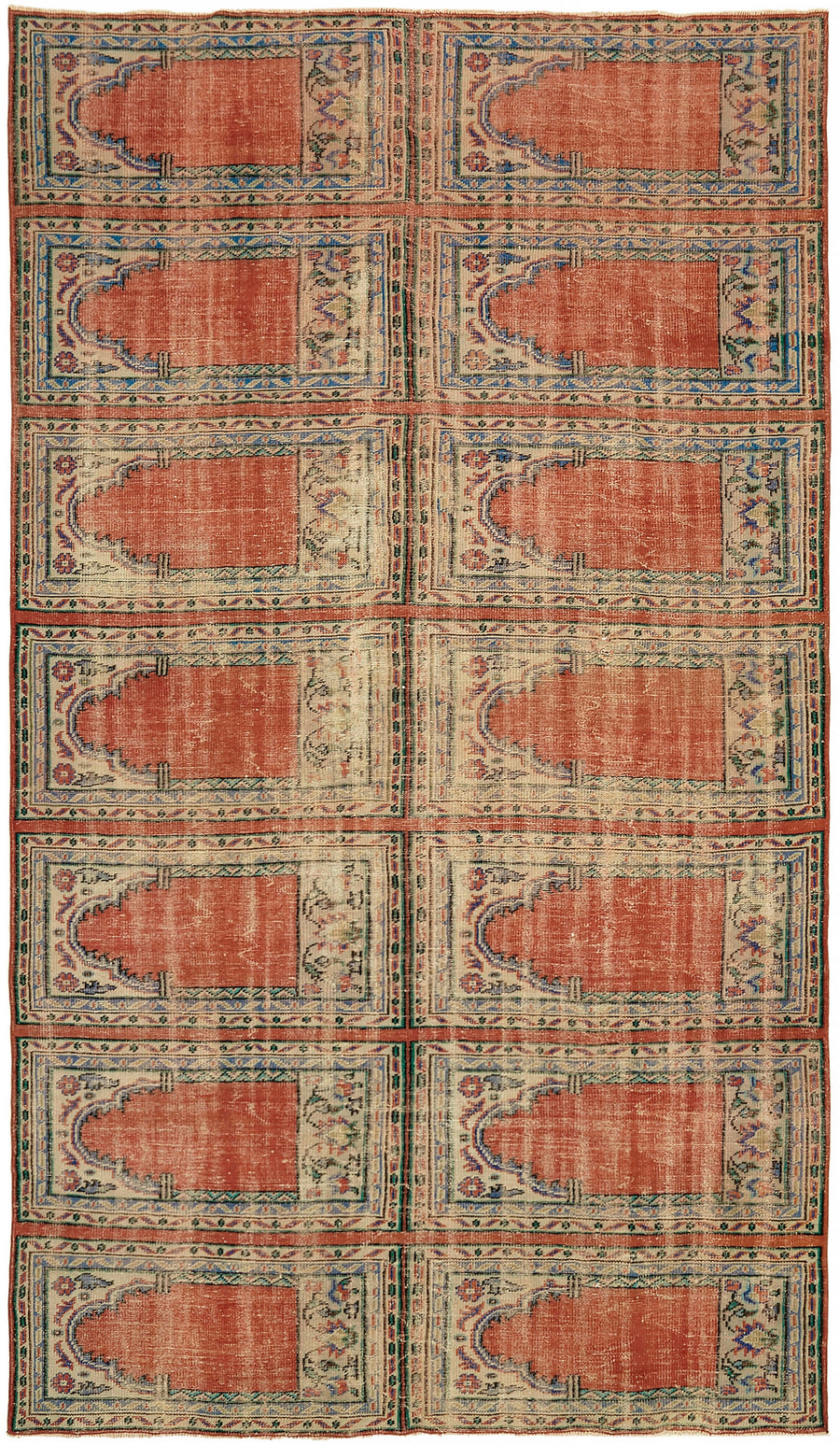 Rusvo Kırmızı Geometrik Desenli Yün ve Pamuk Vintage Halı 226x385 cm