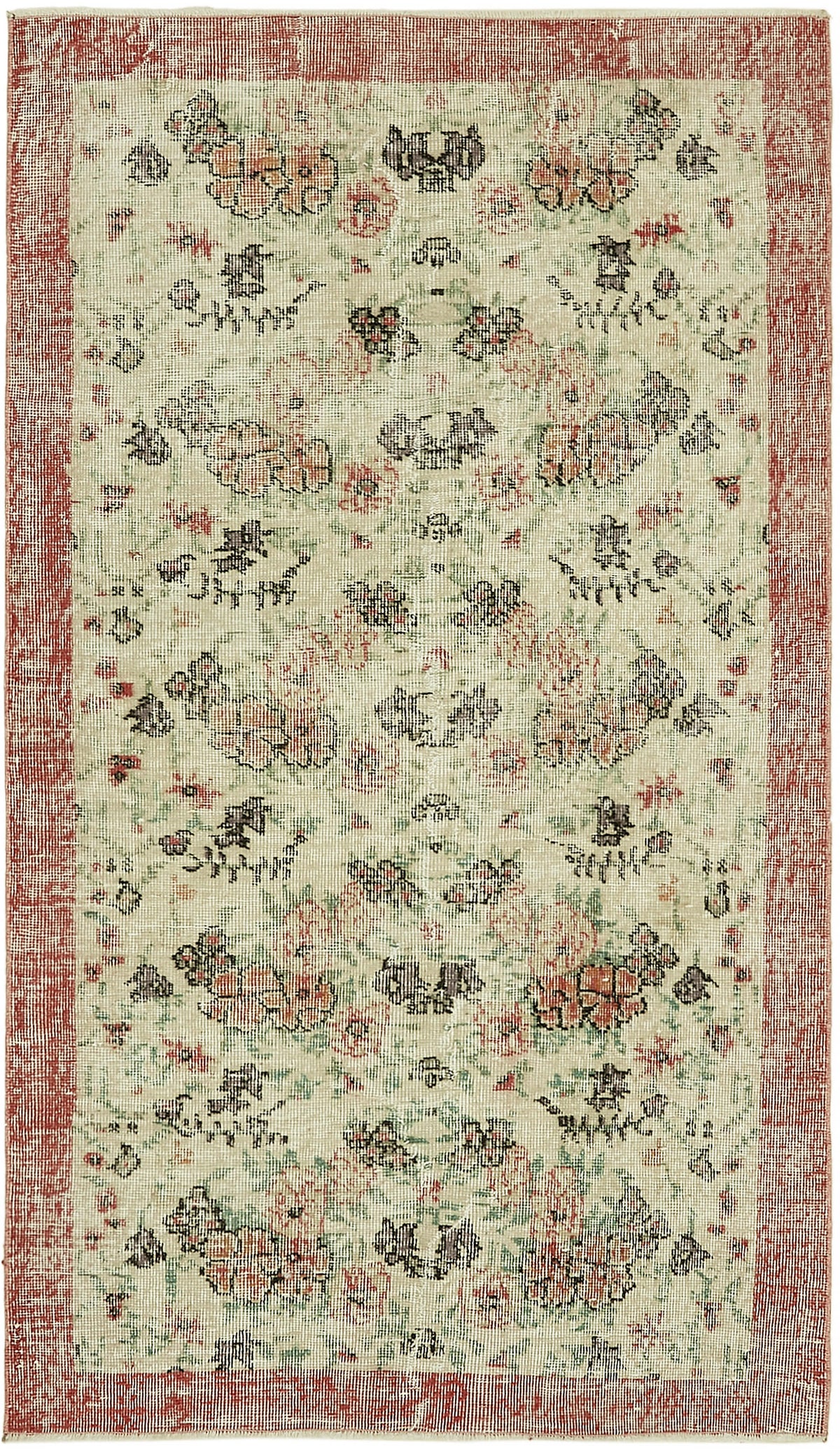 Tavik Vintage Kırmızı Bej Çiçek Desenli Eskitme Halı 109x188 cm