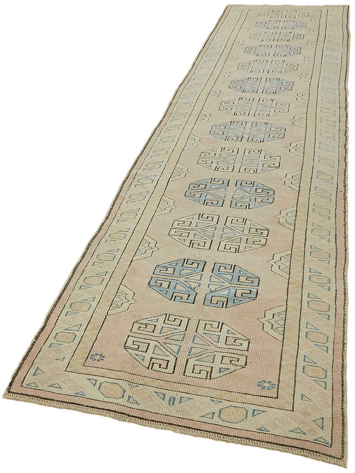 Kovena Madalyon Desenli Bej Pembe El Dokuma Yolluk 100x413 cm – doku yakın çekim