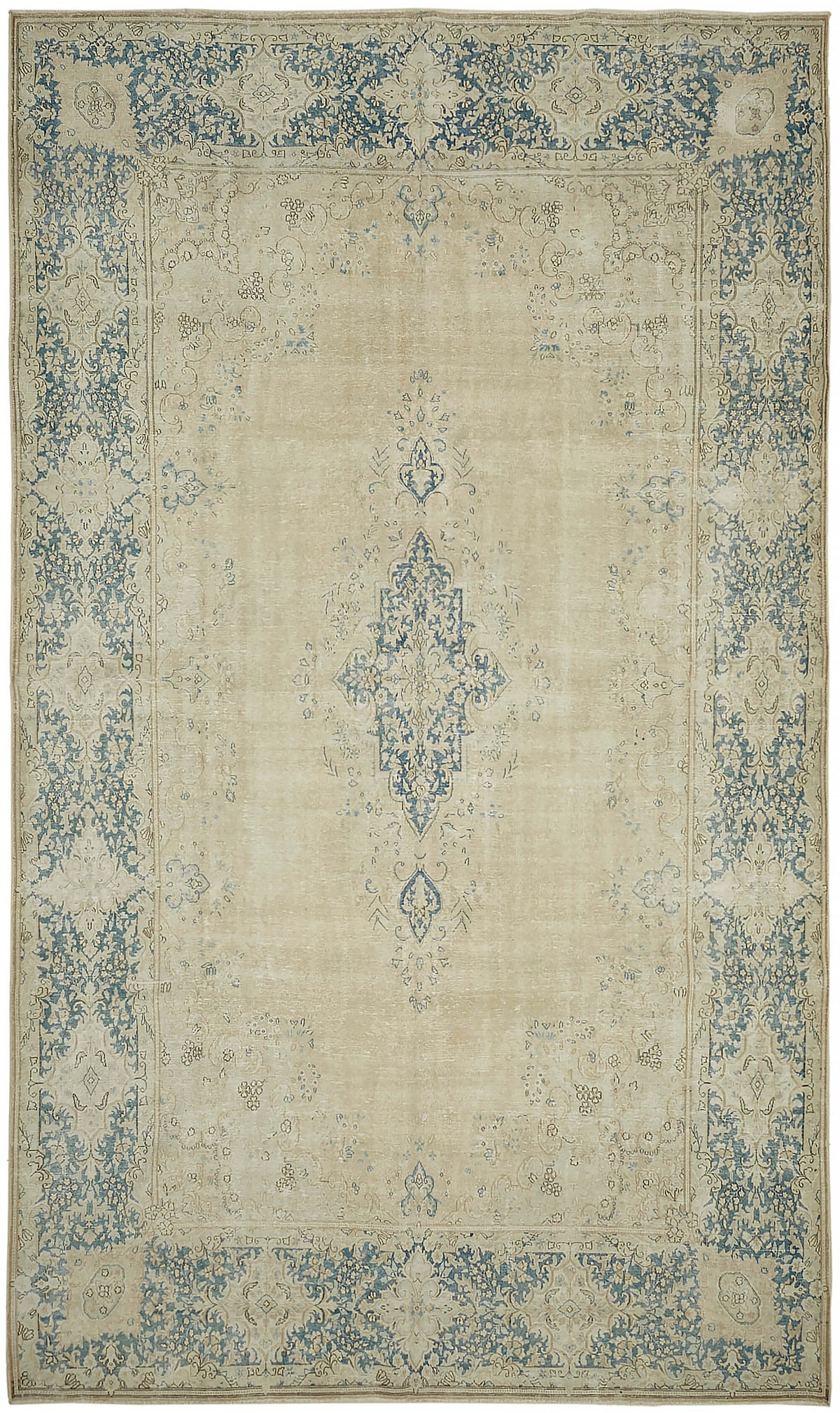 Rusvo Bej ve Mavi Madalyon Desenli Yün El Dokuma Halı 295x491 cm