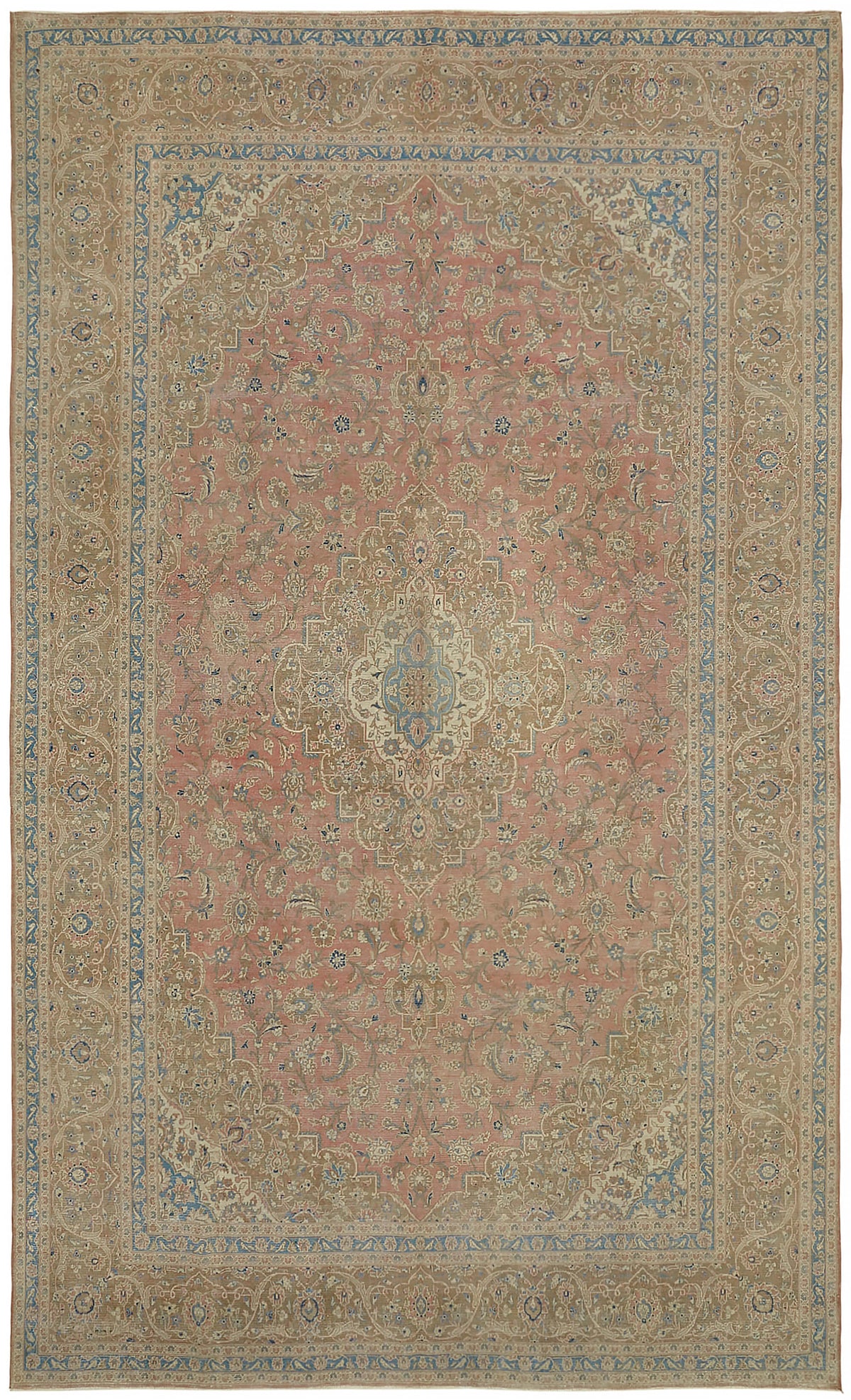 Rusvo Bej ve Açık Mavi Madalyon Desenli Vintage Halı 304x491 cm