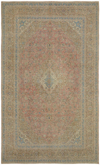 Rusvo Bej ve Açık Mavi Madalyon Desenli Vintage Halı 304x491 cm
