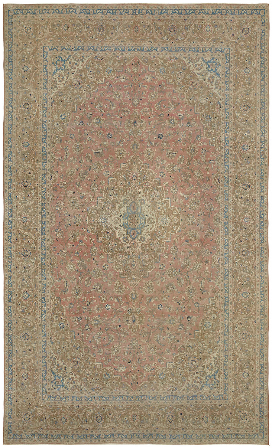 Rusvo Bej ve Açık Mavi Madalyon Desenli Vintage Halı 304x491 cm