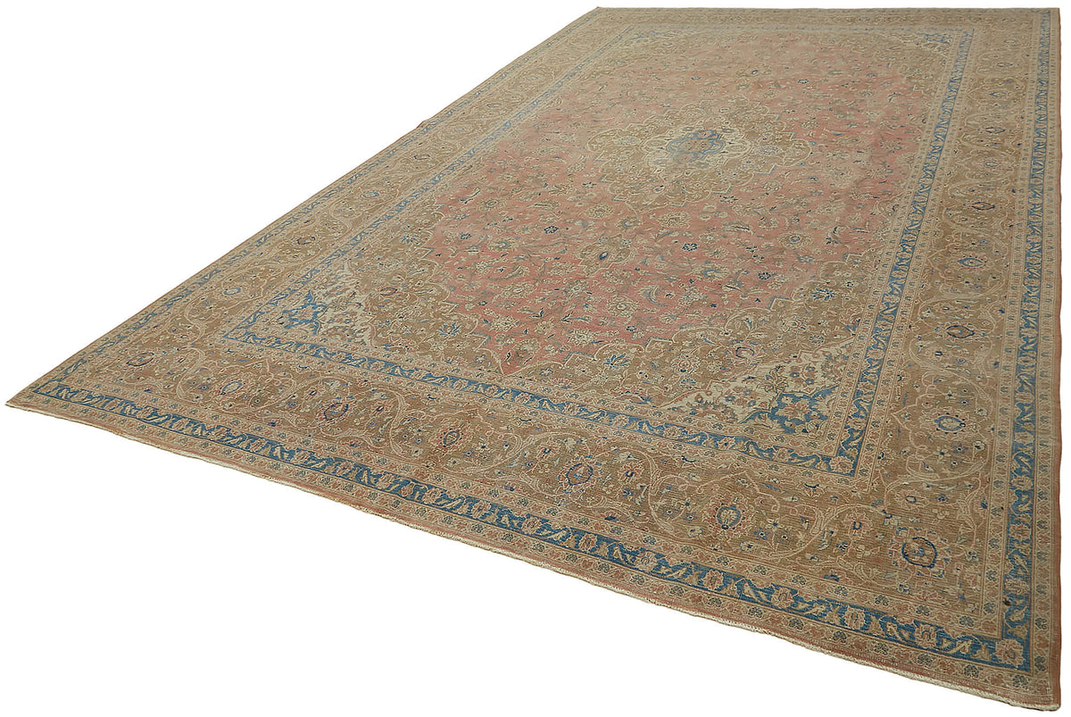 Rusvo Bej ve Açık Mavi Madalyon Desenli Vintage Halı 304x491 cm – doku yakın çekim