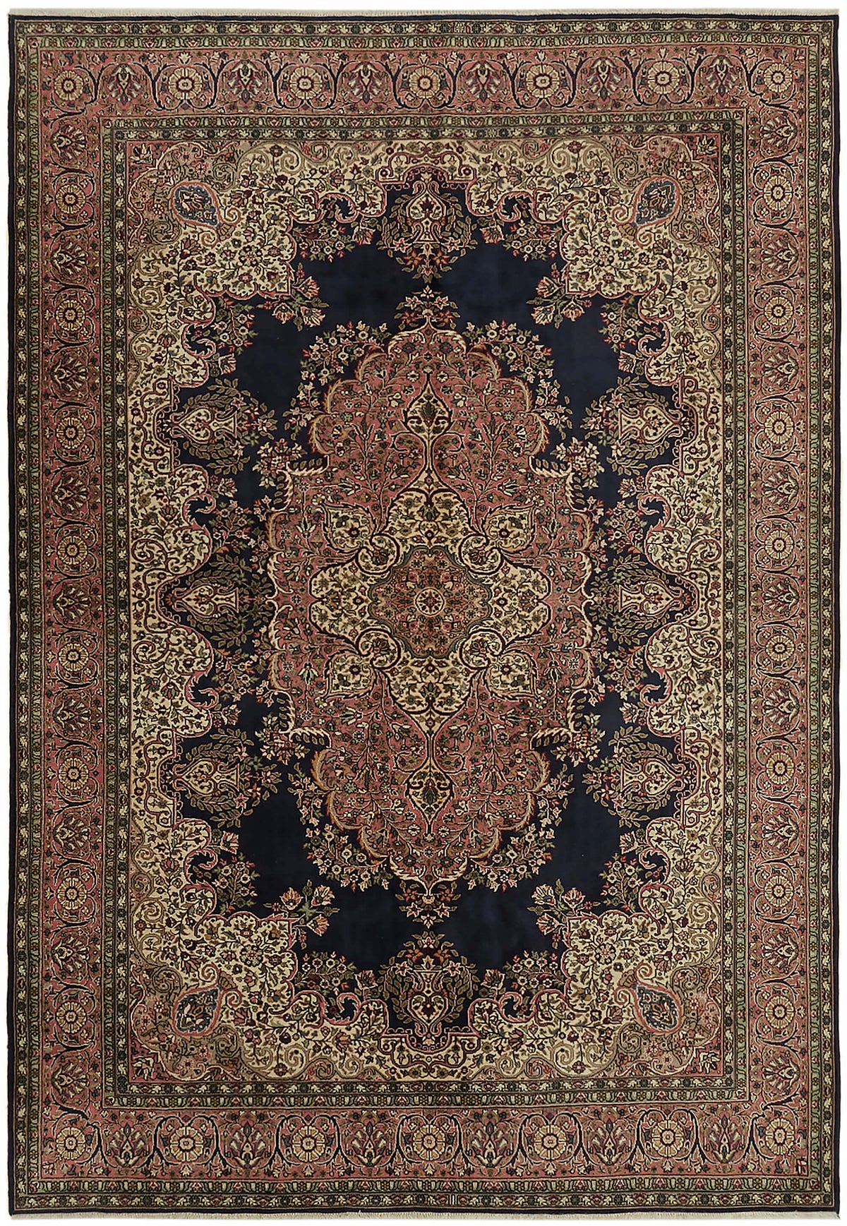 Rusvo Lacivert Krem Madalyon Desenli Klasik El Dokuma Halı 252x357 cm
