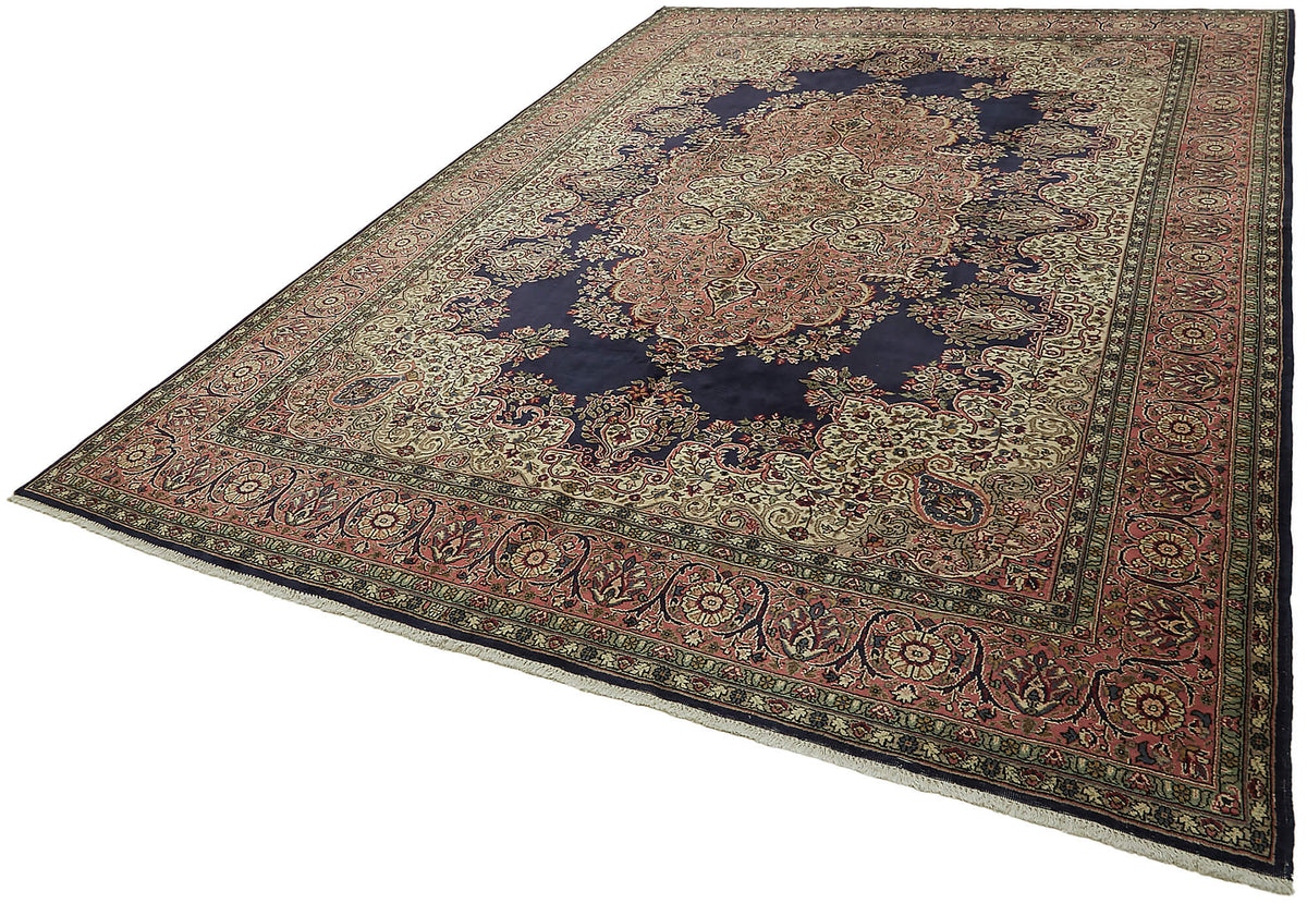 Rusvo Lacivert Krem Madalyon Desenli Klasik El Dokuma Halı 252x357 cm – doku yakın çekim