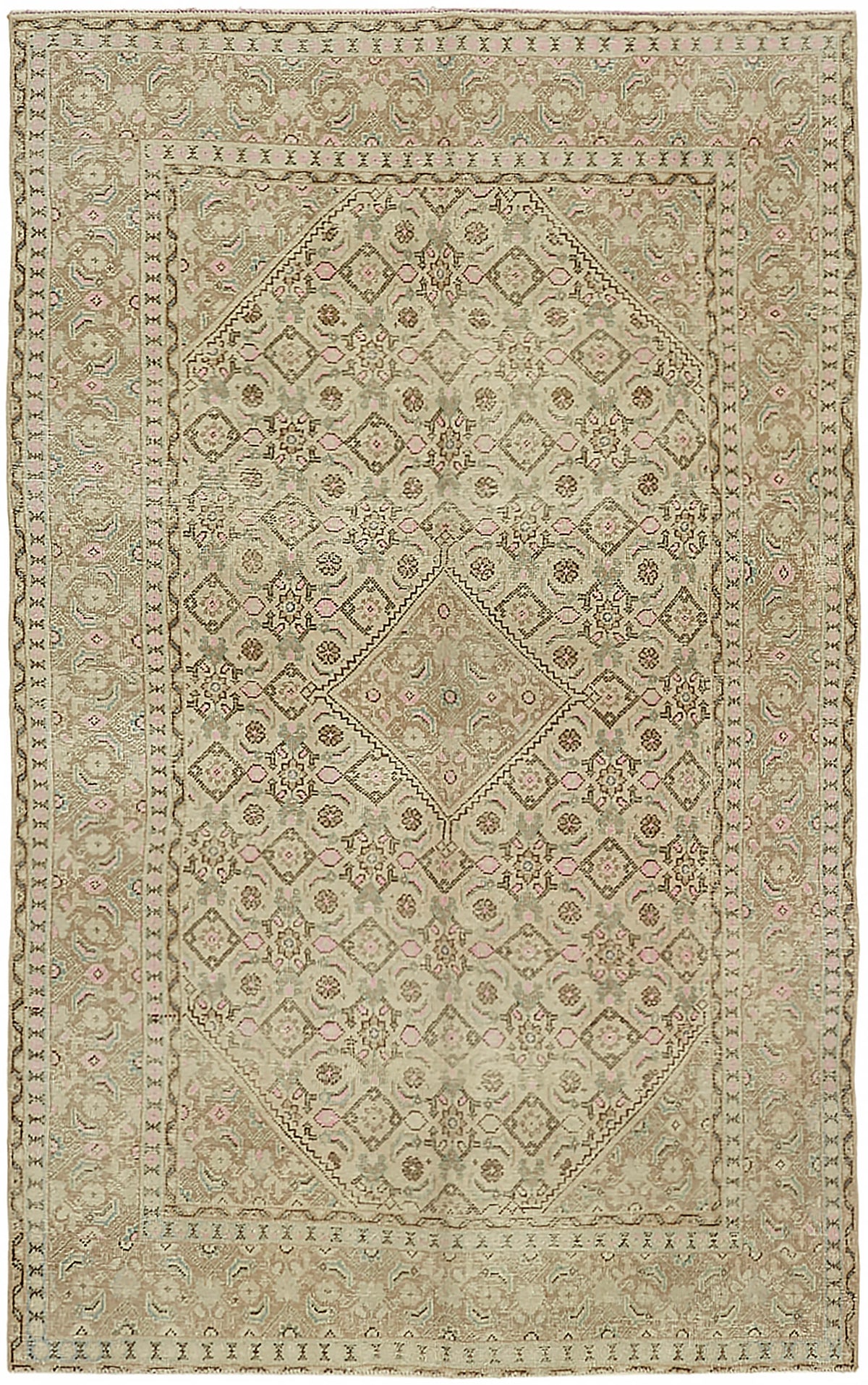 Rusvo Bej Kahverengi Geometrik Desenli Yün Vintage Halı 187x291 cm