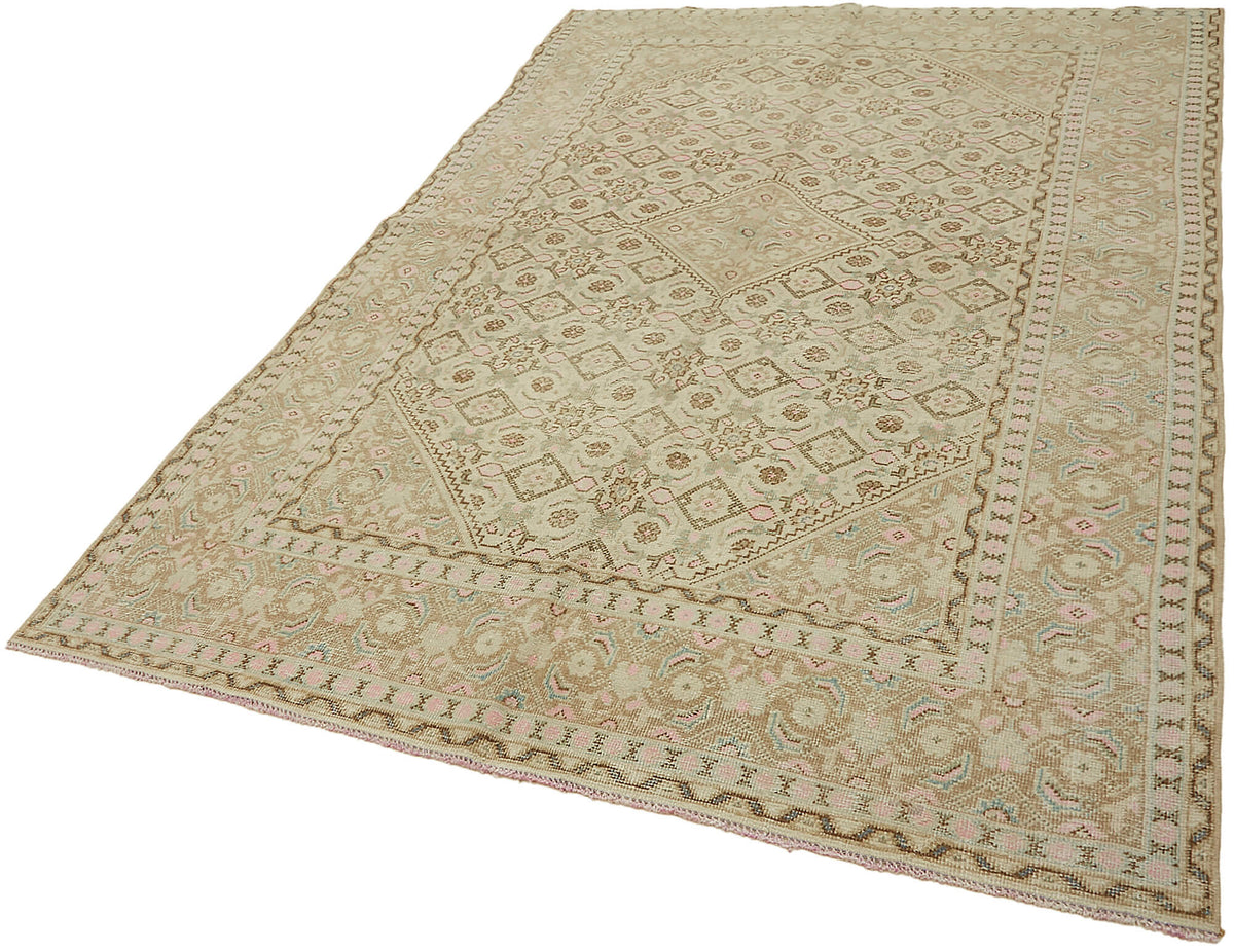 Rusvo Bej Kahverengi Geometrik Desenli Yün Vintage Halı 187x291 cm – doku yakın çekim