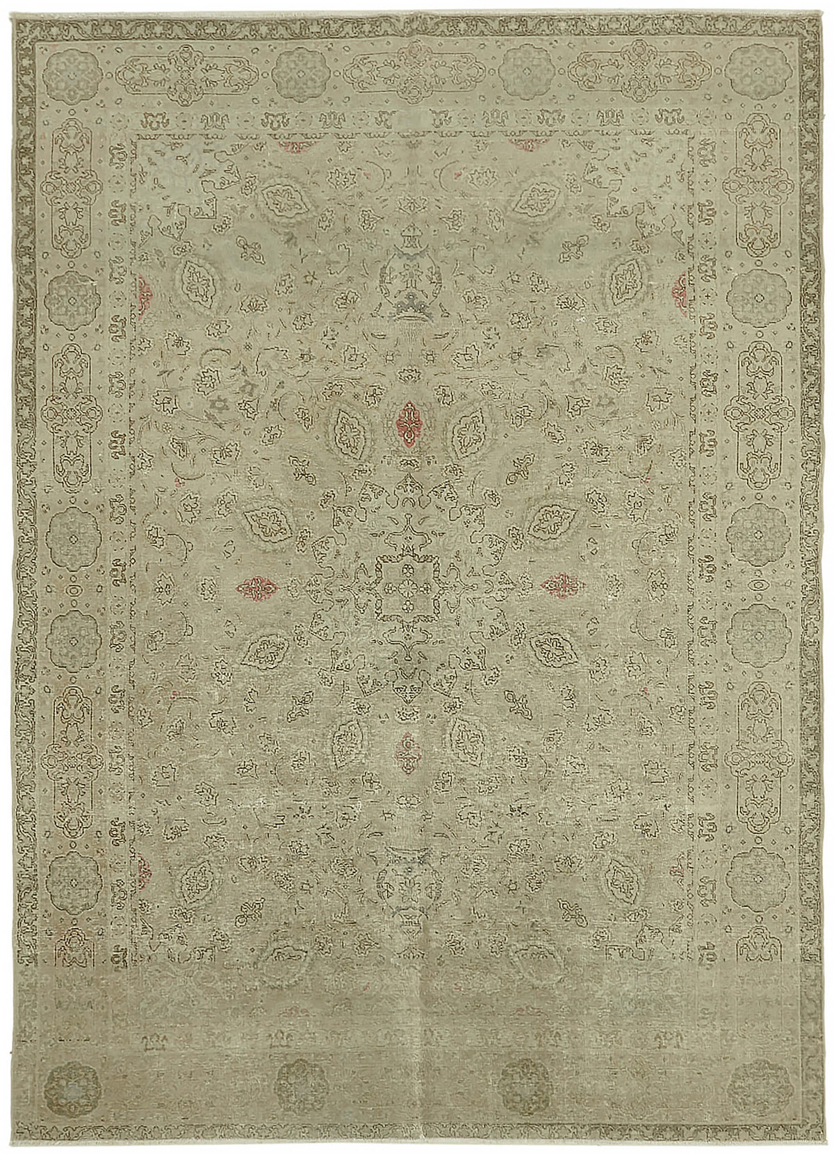 Rusvo Bej Gri Madalyon Desenli Yün Vintage Halı 245x335 cm