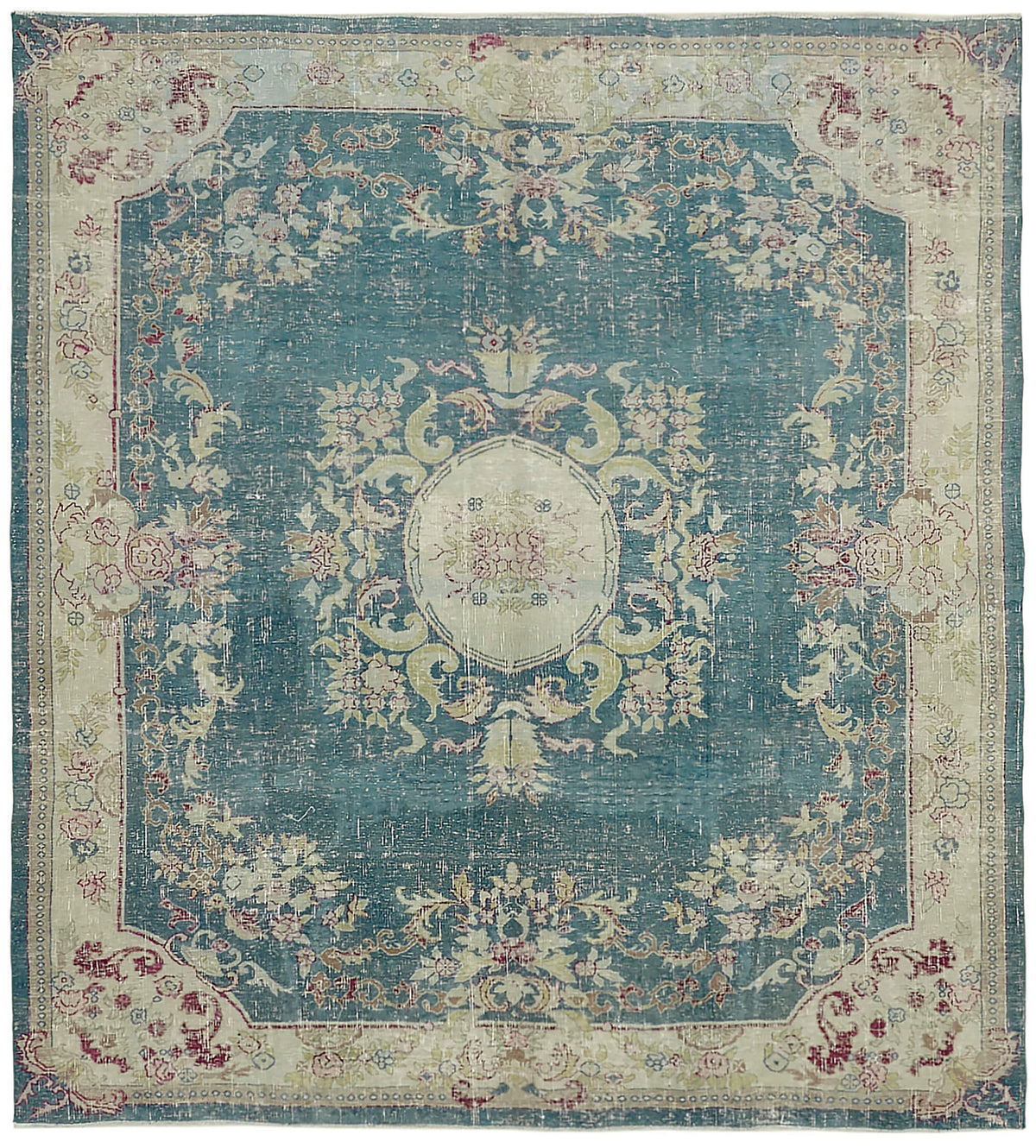 Rusvo Vintage Turkuaz Bej Madalyon Desenli El Dokuma Halı 278x302 cm