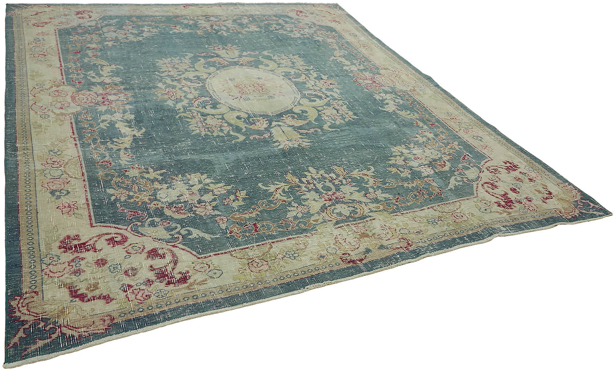Rusvo Vintage Turkuaz Bej Madalyon Desenli El Dokuma Halı 278x302 cm – genel görünüm