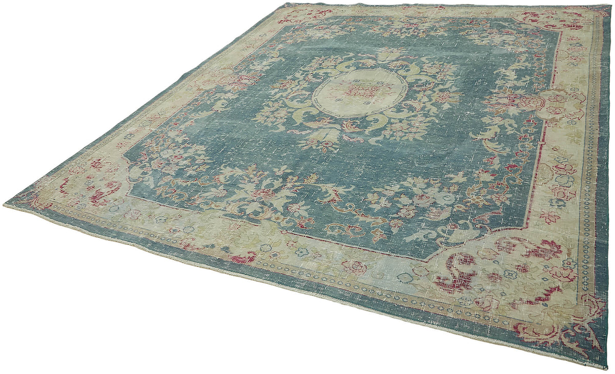 Rusvo Vintage Turkuaz Bej Madalyon Desenli El Dokuma Halı 278x302 cm – doku yakın çekim