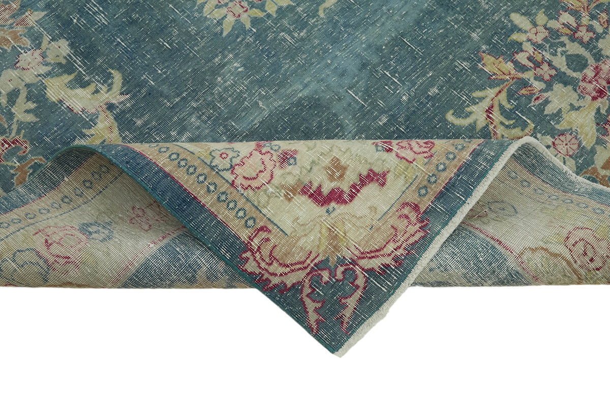 Rusvo Vintage Turkuaz Bej Madalyon Desenli El Dokuma Halı 278x302 cm – kenar detayı