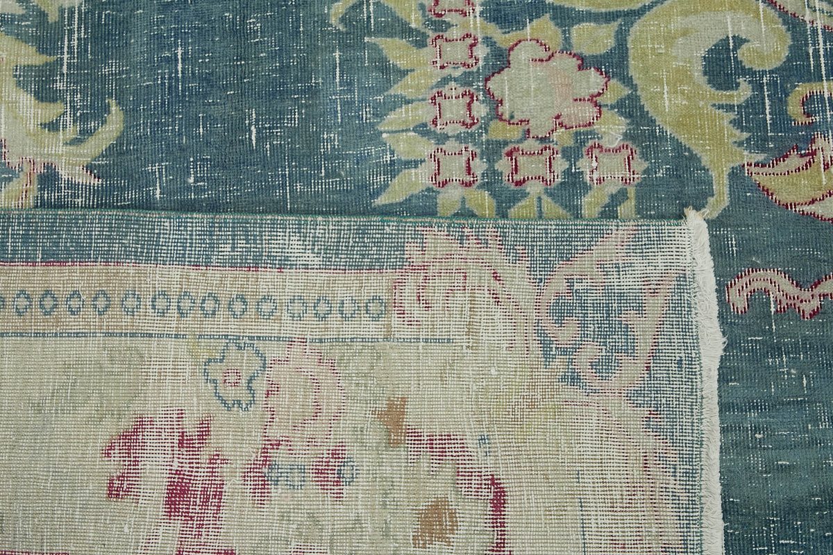 Rusvo Vintage Turkuaz Bej Madalyon Desenli El Dokuma Halı 278x302 cm – arka yüz görünümü