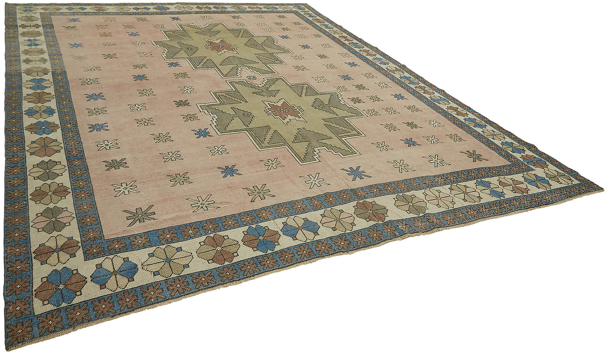 Rusvo Geometrik Desenli Toz Pembe Vintage Halı 336x403 cm – genel görünüm