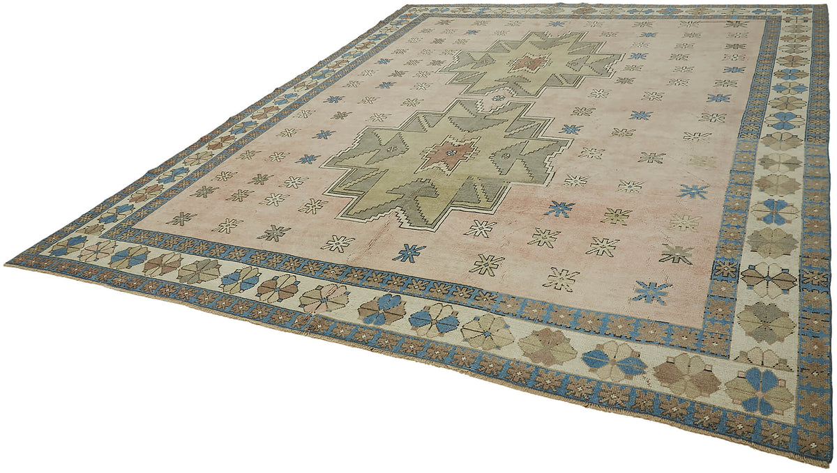 Rusvo Geometrik Desenli Toz Pembe Vintage Halı 336x403 cm – doku yakın çekim