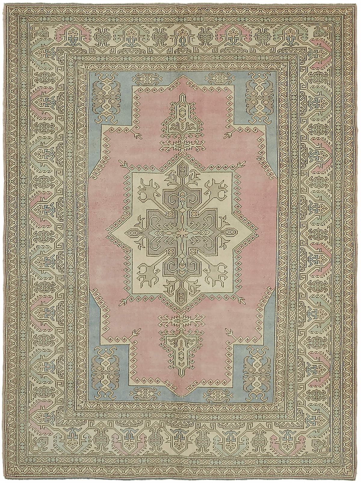 Rusvo Pembe ve Bej Geometrik Desenli Yün El Dokuma Halı 265x347 cm