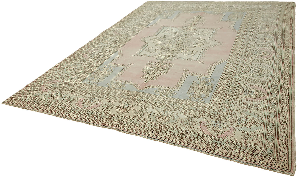 Rusvo Pembe ve Bej Geometrik Desenli Yün El Dokuma Halı 265x347 cm – doku yakın çekim