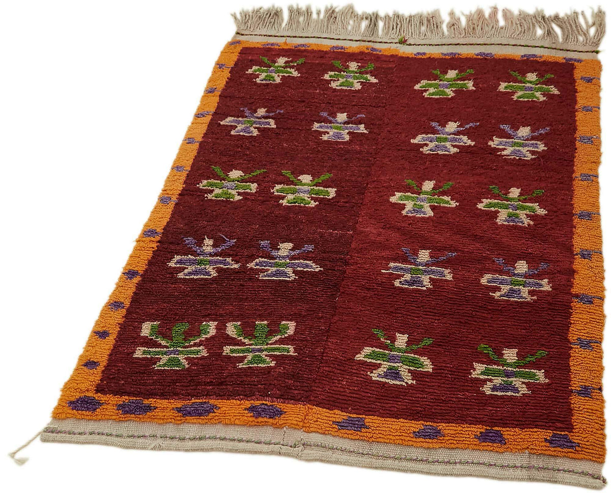 Timvi Bordo Geometrik Desenli 40-60 Yıllık Yün Halı 104x140 cm – doku yakın çekim