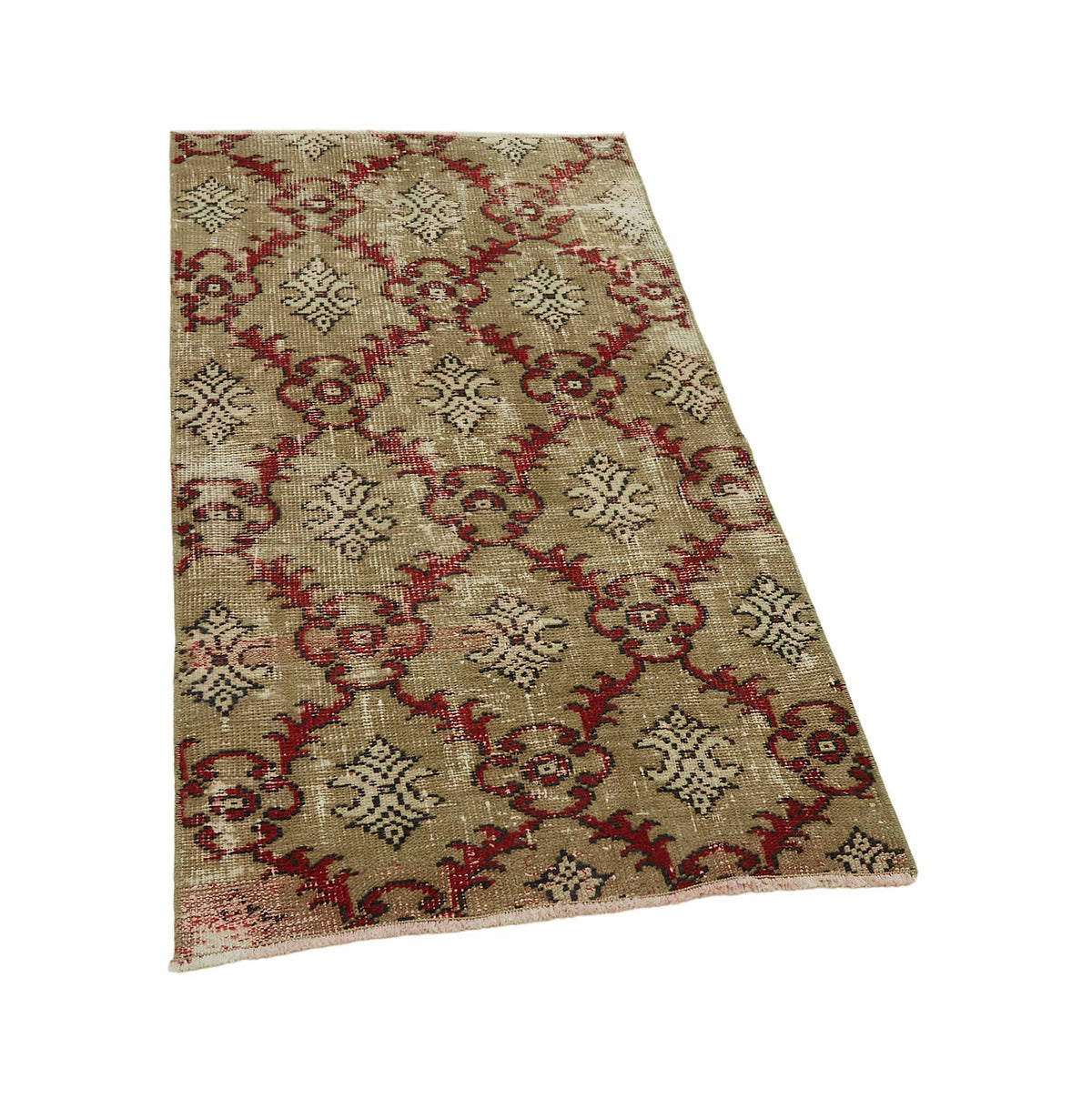 Tavik Bej Kırmızı Geometrik Desenli Vintage El Dokuma Halı 74x135 cm – genel görünüm